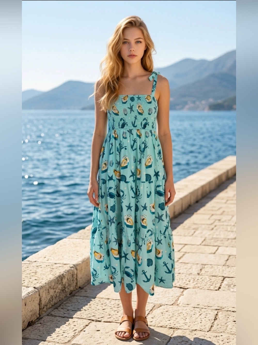 Aqua Tie-Shoulder Smocked Sundress with Nautical Print